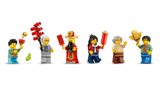 LEGO Chinese Festivals: Fortune Firecracker figures with various poses and accessories on a transparent background