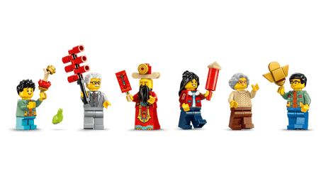LEGO Chinese Festivals: Fortune Firecracker figures with various poses and accessories on a transparent background