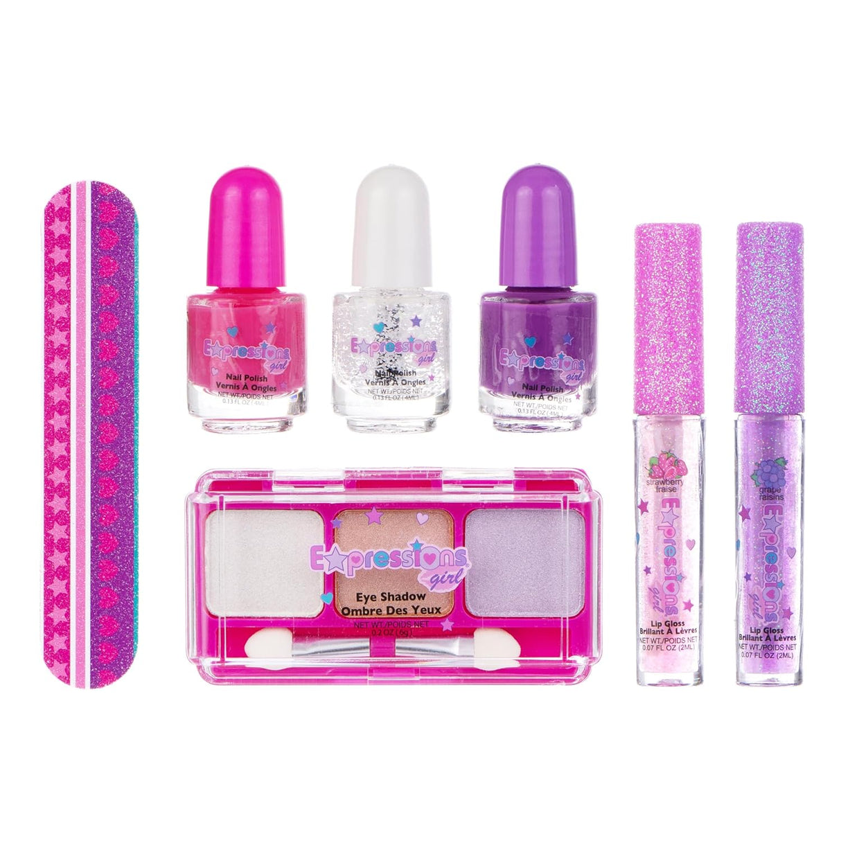 Set of children's Expressions 7 Piece Beauty Kit products including nail polish, lip gloss, and eye shadow on a white background.