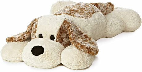 Plush dog toy with brown and beige fur on a white background