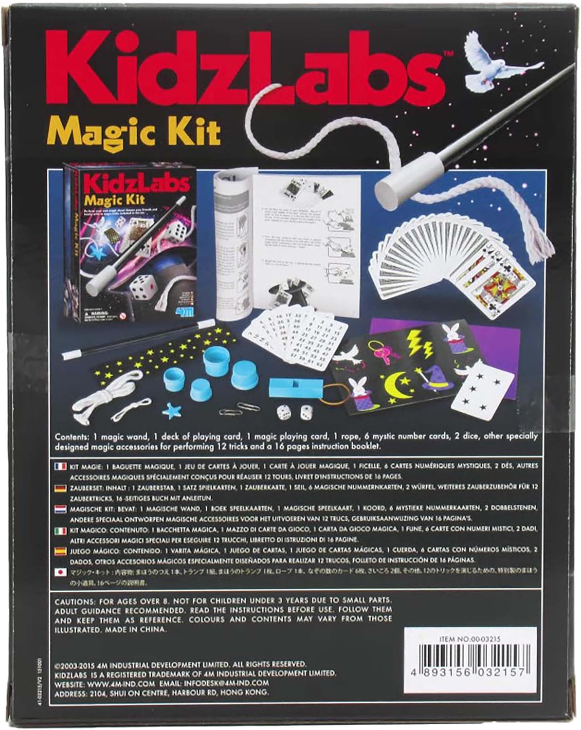 Back view of a KidzLabs Magic Kit packaging with illustrations and text.