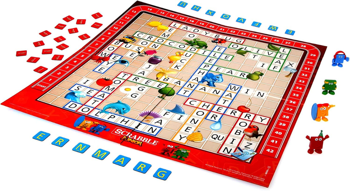 Scrabble Junior board game with tiles and pieces on a white background