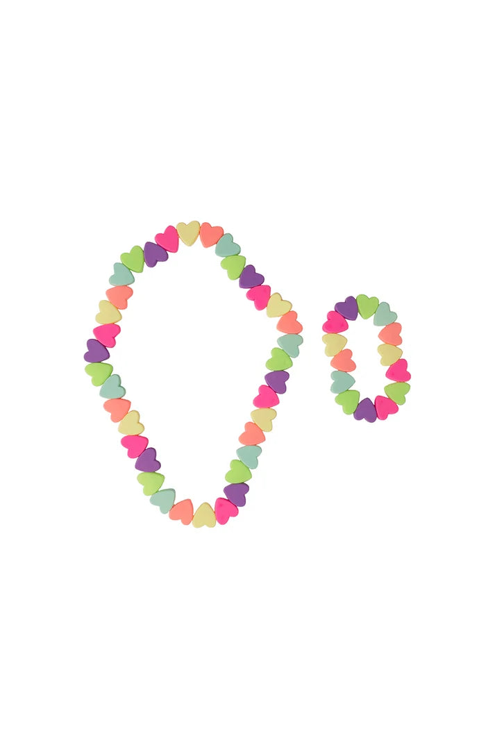 Colorful heart-shaped Sweet Tart Heart Necklace & Bracelet Set on a white background