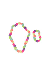 Colorful heart-shaped Sweet Tart Heart Necklace & Bracelet Set on a white background