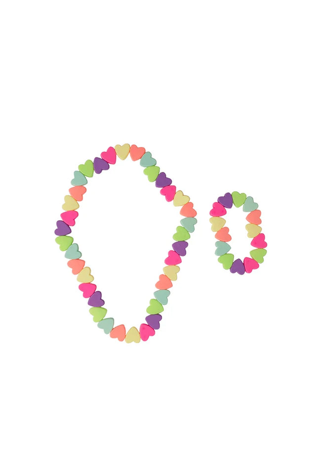 Colorful heart-shaped Sweet Tart Heart Necklace & Bracelet Set on a white background