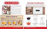 An educational infographic poster titled 'The Art of Garnishing' and 'Tools Make the Work Easier' from The Complete Cookbook for 2000 Chefs, featuring sections on garnishing patterns, color theory, becoming a plating pro, and recommended cookware.