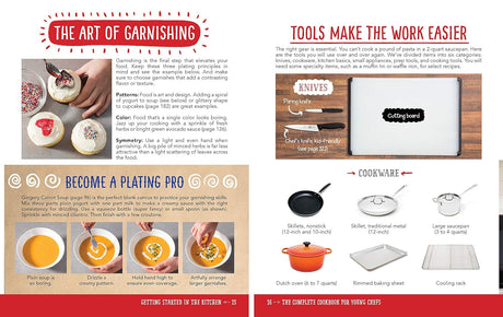 An educational infographic poster titled 'The Art of Garnishing' and 'Tools Make the Work Easier' from The Complete Cookbook for 2000 Chefs, featuring sections on garnishing patterns, color theory, becoming a plating pro, and recommended cookware.