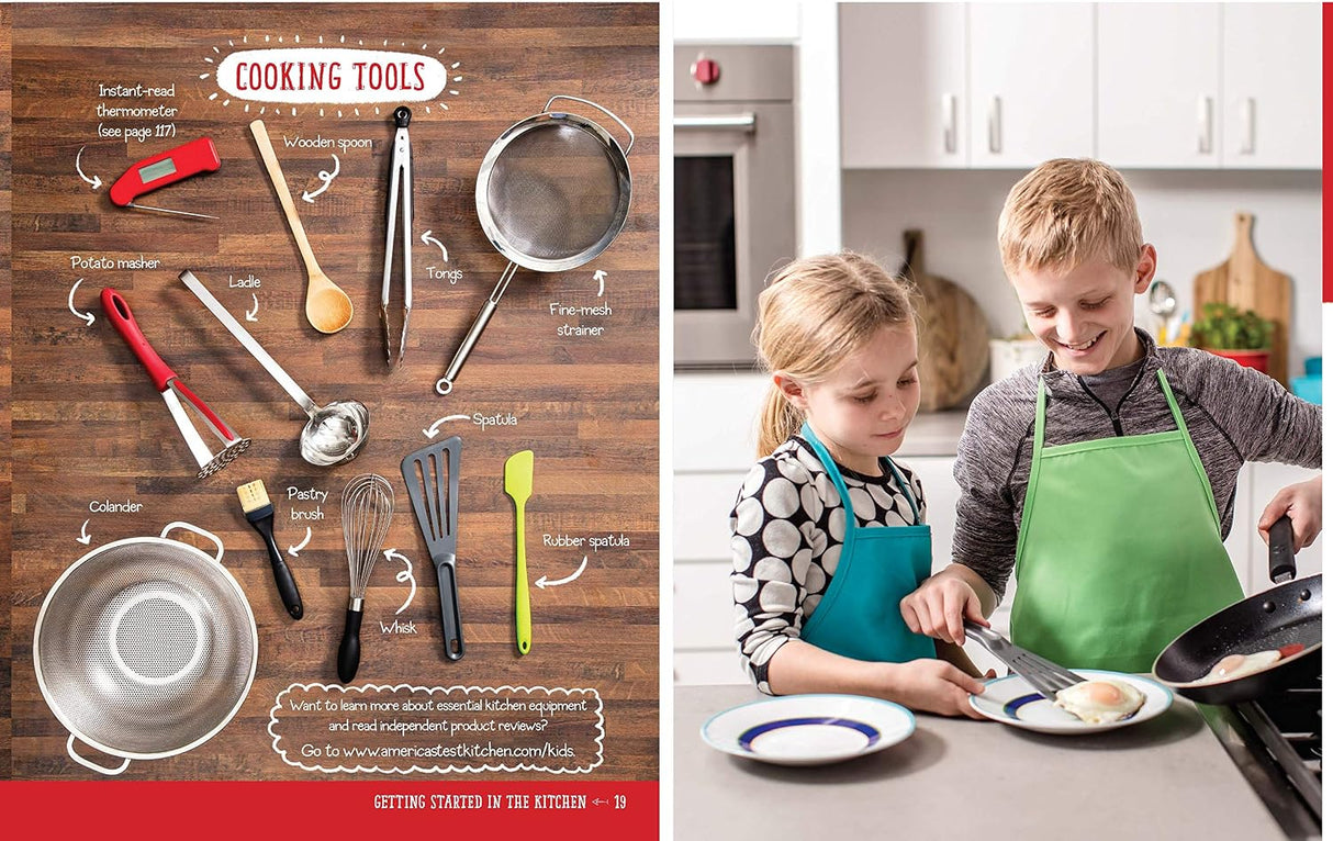 A split-page catalog page showing a set of cooking tools on a wooden board on the left, and two children wearing green and teal aprons cooking together in a kitchen on the right.