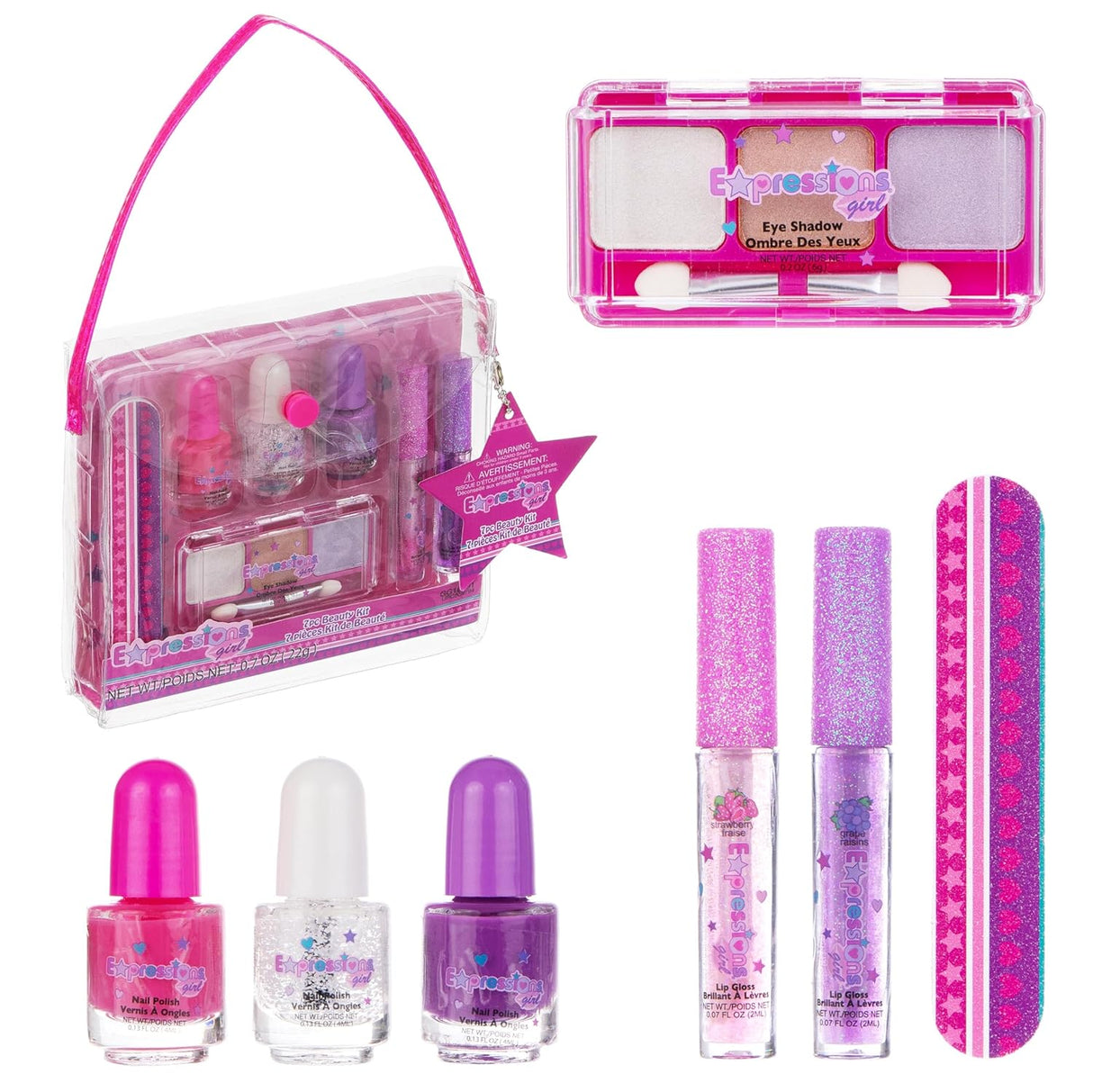 Children's Expressions 7 Piece Beauty Kit with pink and purple items including nail polish and eye shadow.