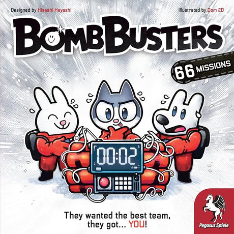 Cover of 'Bomb Busters' board game with cartoon characters and timer graphic.