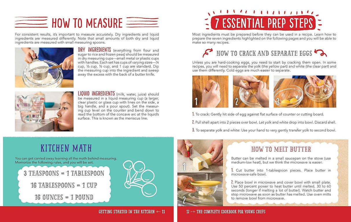 Educational page on cooking measurements and prep steps with text and images.