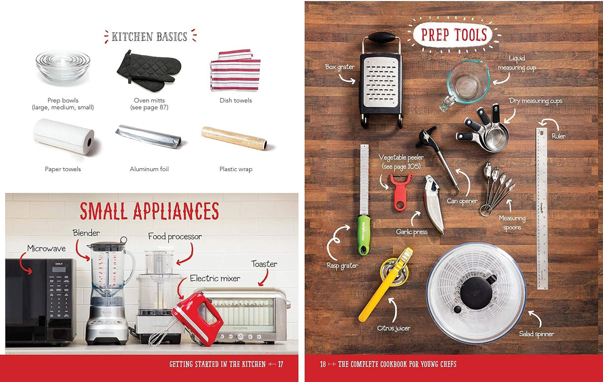 A two-panel infographic titled 'The Complete Cookbook for Young Chefs' showing kitchen basics and small appliances on the left, and prep tools for young chefs on the right, with labeled illustrations of items like a blender, food processor, toaster, grater, peeler, and knife on a wood background.