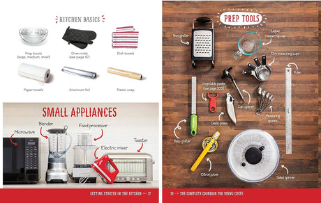A two-panel infographic titled 'The Complete Cookbook for Young Chefs' showing kitchen basics and small appliances on the left, and prep tools for young chefs on the right, with labeled illustrations of items like a blender, food processor, toaster, grater, peeler, and knife on a wood background.