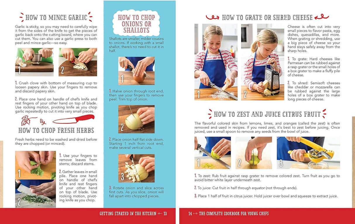 Page from a cookbook showing instructions on how to chop garlic, onions/shallots, fresh herbs, and grate/shred cheese with images of a child performing each task.