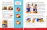Page from a cookbook showing instructions on how to chop garlic, onions/shallots, fresh herbs, and grate/shred cheese with images of a child performing each task.