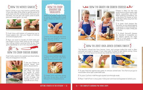 Page from a cookbook showing instructions on how to chop garlic, onions/shallots, fresh herbs, and grate/shred cheese with images of a child performing each task.