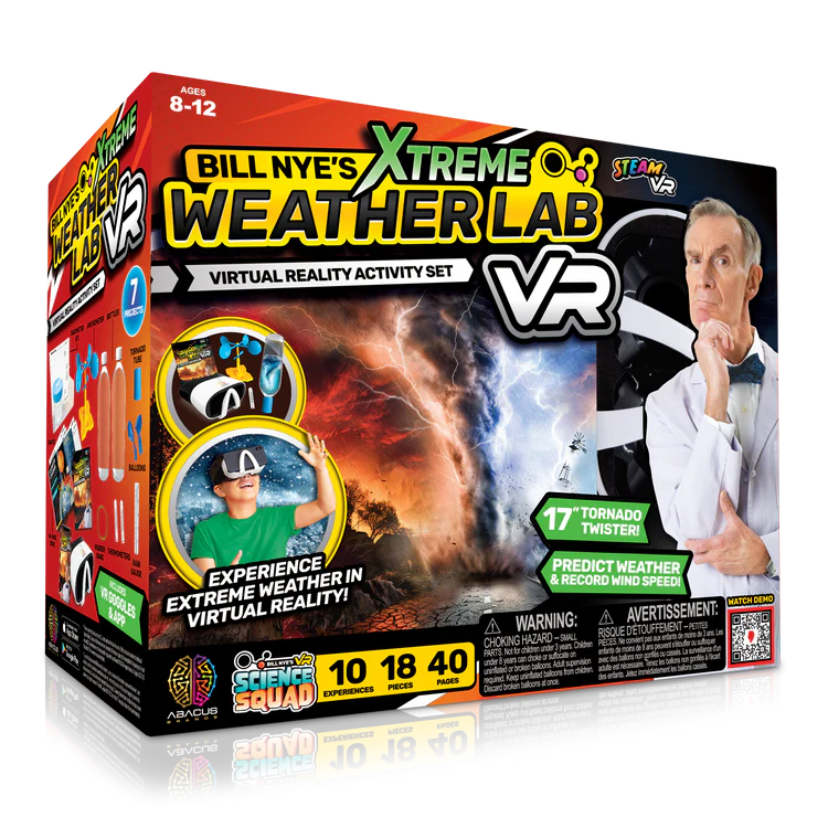 Box of Bill Nye's Xtreme Weather Lab VR activity set with images of weather phenomena and a person wearing a VR headset.