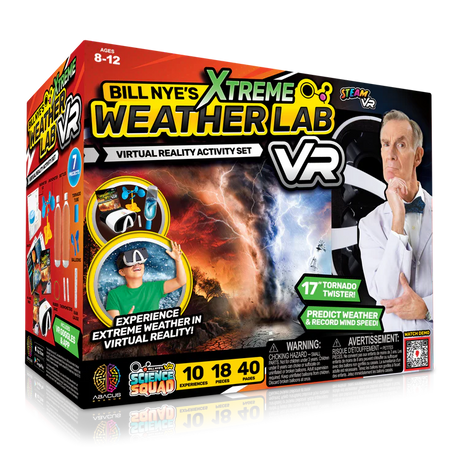 Box of Bill Nye's Xtreme Weather Lab VR activity set with images of weather phenomena and a person wearing a VR headset.