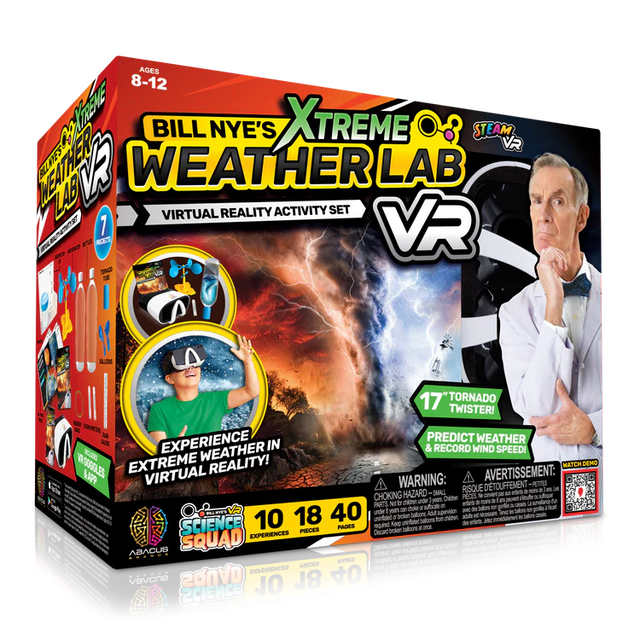 Box of Bill Nye's Xtreme Weather Lab VR activity set with images of weather phenomena and a person wearing a VR headset.