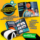 Bill Nye's Xtreme Weather VR educational materials on climate change and weather with a book and device on a yellow background