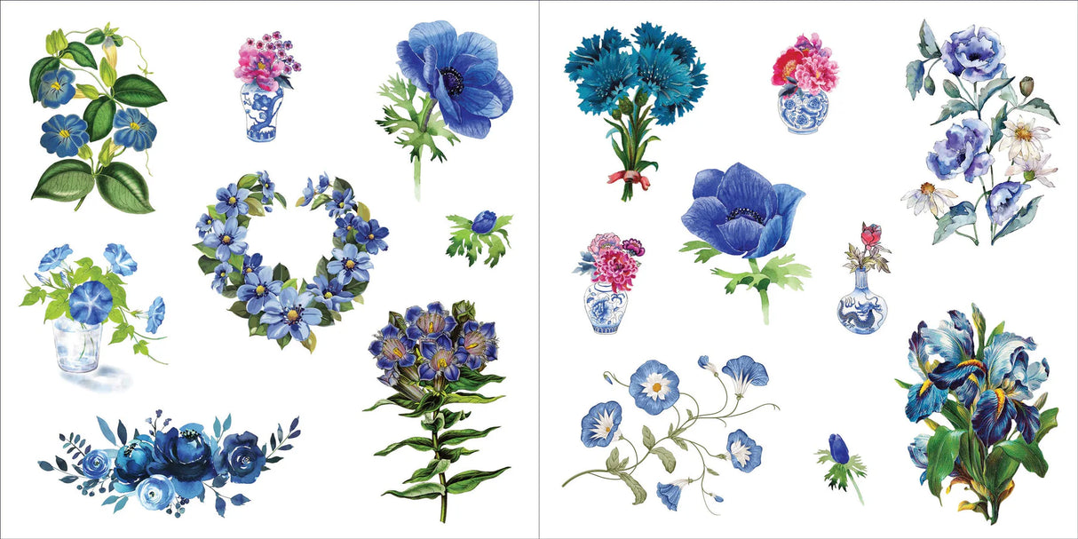 Collection of blue floral stickers on a white background