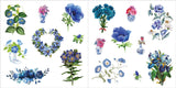 Collection of blue floral stickers on a white background