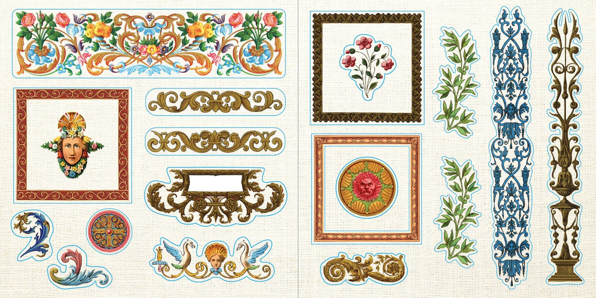 Collection of decorative elements including floral patterns, frames, and ornate stickers on a white background.