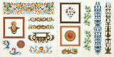 Collection of decorative elements including floral patterns, frames, and ornate stickers on a white background.