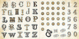 Vintage-style alphabet and number stickers on a beige background