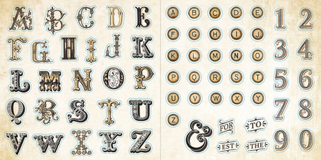 Vintage-style alphabet and number stickers on a beige background