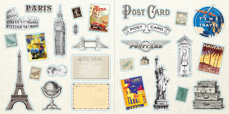 Collection of travel-themed stickers featuring landmarks and postcard designs on a white background.