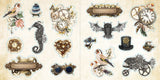 Collection of decorative stickers with steampunk and nature-themed designs on a beige background.