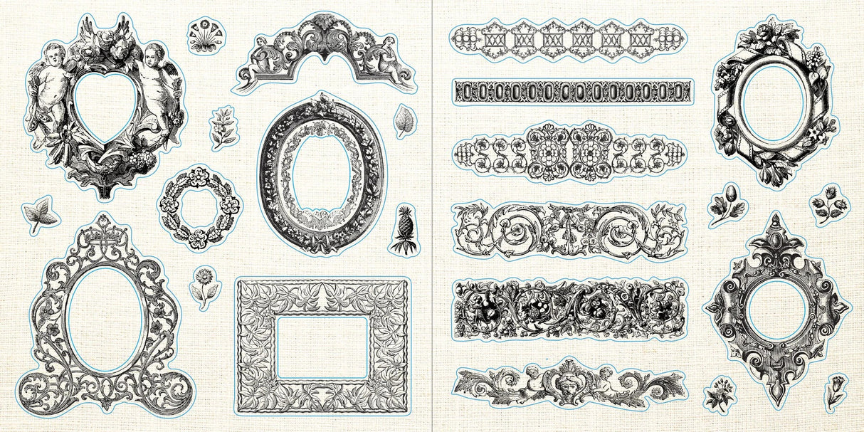 Collection of decorative vintage frames and design element stickers on a white background