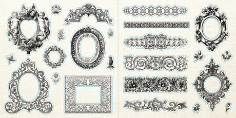 Collection of decorative vintage frames and design element stickers on a white background