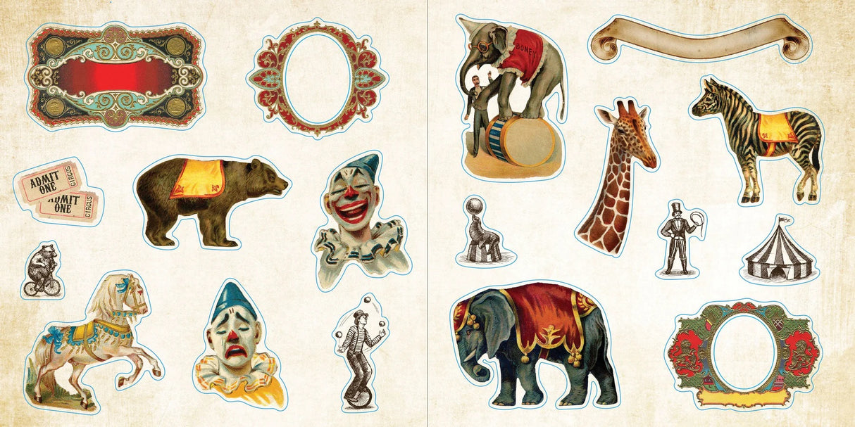 Collection of vintage-style circus-themed stickers on a textured background