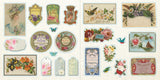 Collection of vintage-style stickers with floral and decorative elements on a white background.