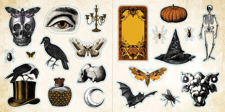 Collection of vintage-style stickers on a beige background