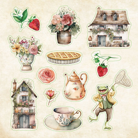 Collection of vintage-style stickers including houses, flowers, a teapot, and a frog with a net on a beige background.