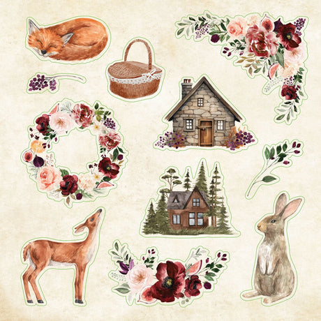 Set of nature-themed stickers including a fox, basket, stone cabin, deer, rabbit, and floral wreaths on a beige background.