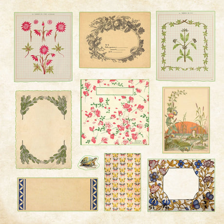 Collection of vintage-style stationery stickers with floral and botanical elements on a beige background.