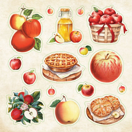 Collection of apple-themed stickers on a beige background