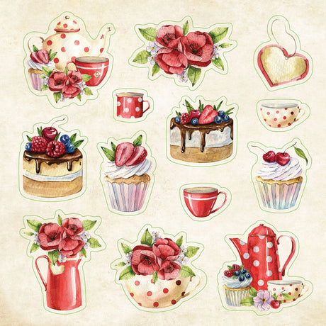 Collection of decorative stickers featuring tea cups, cakes, and flowers on a beige background.