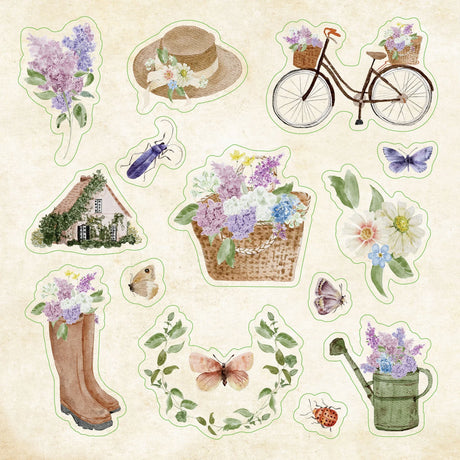 Set of decorative stickers featuring a bicycle, boots, flowers, and other nature-themed elements on a beige background.
