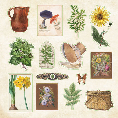 Collection of vintage-style stickers including flowers, a pitcher, a bonnet, and a basket on a beige background.