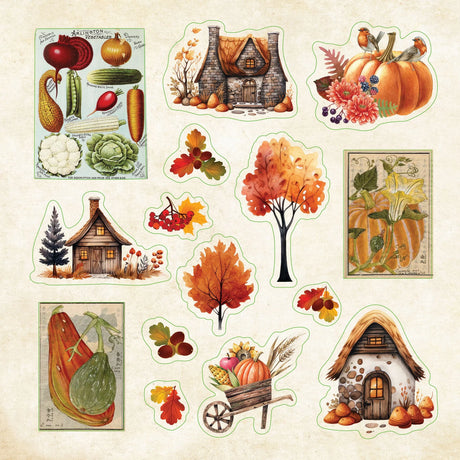 Collection of autumn-themed stickers featuring pumpkins, leaves, and small houses on a beige background.