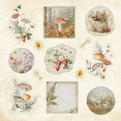 Collection of nature-themed stickers with mushrooms, flowers, and a frog on a beige background.