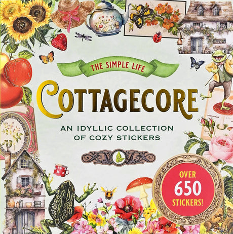 Cottagecore sticker book cover with illustrations of nature and cozy elements.