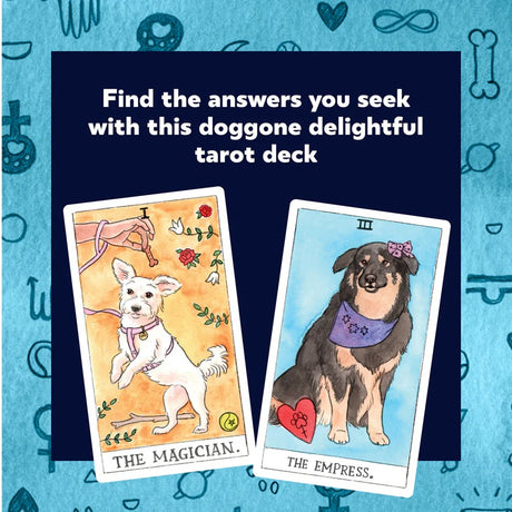 Two Dog Tarot cards featuring dogs with text on a blue background with symbols.