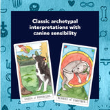 Two Dog Tarot cards with dog illustrations on a blue background with symbols.