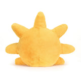 Rear view of a yellow plush Amuseables Sun Huge on a white background